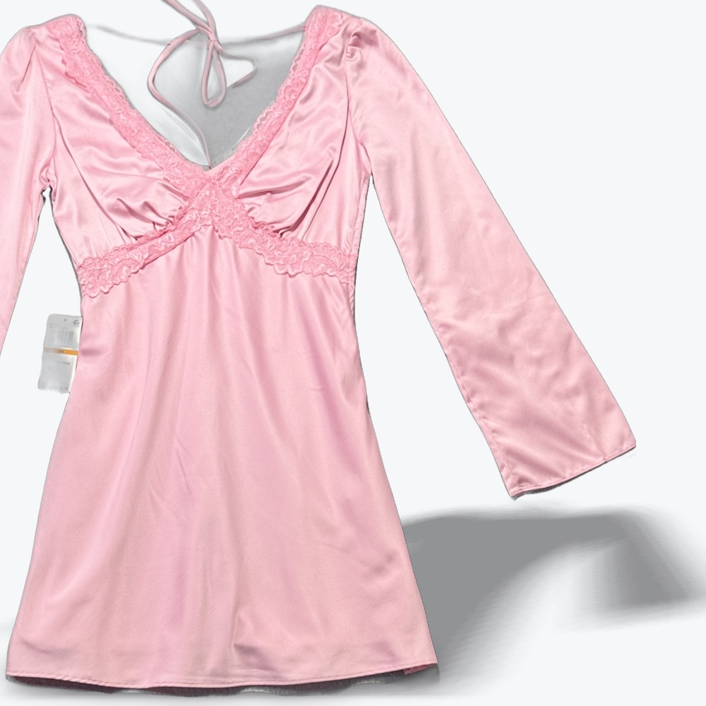 B Darlin‎ Pink Long Sleeve Babydoll Mini Dress Satin Lace Girly Balletcore NEW